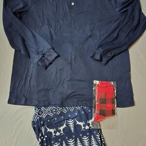 Navy Pajama Set with Red Plaid Socks